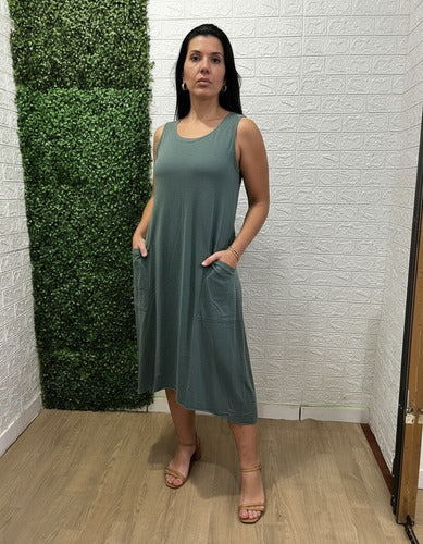 Vestido Summer Regata Midi Com Bolso Feminino 100% Algodão