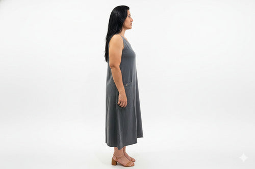 Vestido Summer Regata Midi Com Bolso Feminino 100% Algodão