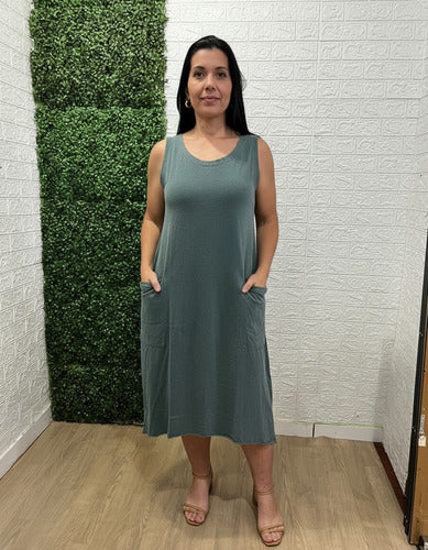 Vestido Summer Regata Midi Com Bolso Feminino 100% Algodão