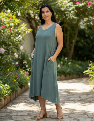 Vestido Summer Regata Midi Com Bolso Feminino 100% Algodão