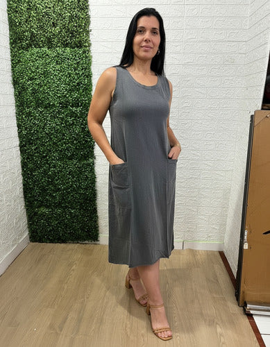 Vestido Summer Regata Midi Com Bolso Feminino 100% Algodão