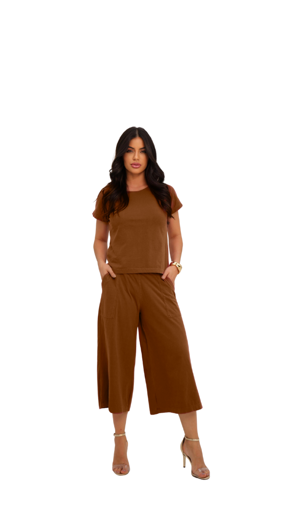 Conjunto Blusa e Pantacourt Algodão Fio Penteado com Bolsos