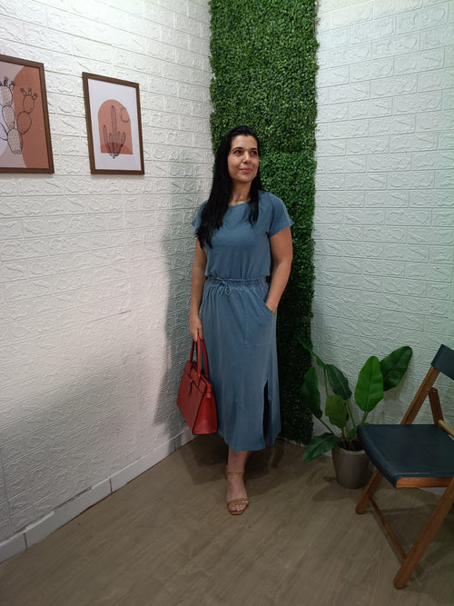 Conjunto de Saia Midi c/ Bolso Lateral e Blusinha em algodão