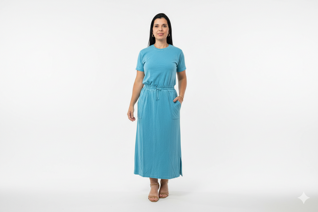 Conjunto de Saia Midi c/ Bolso Lateral e Blusinha em algodão