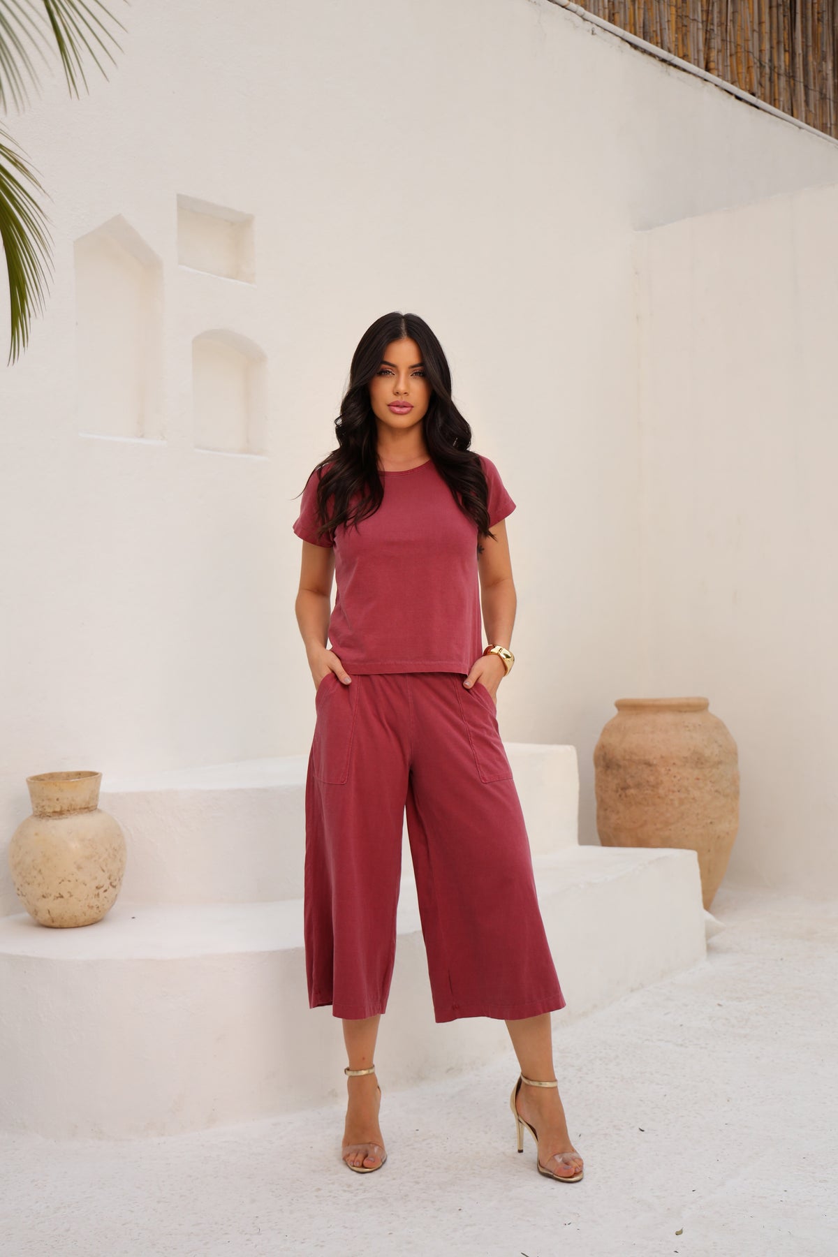 Conjunto Blusa e Pantacourt Algodão Fio Penteado com Bolsos