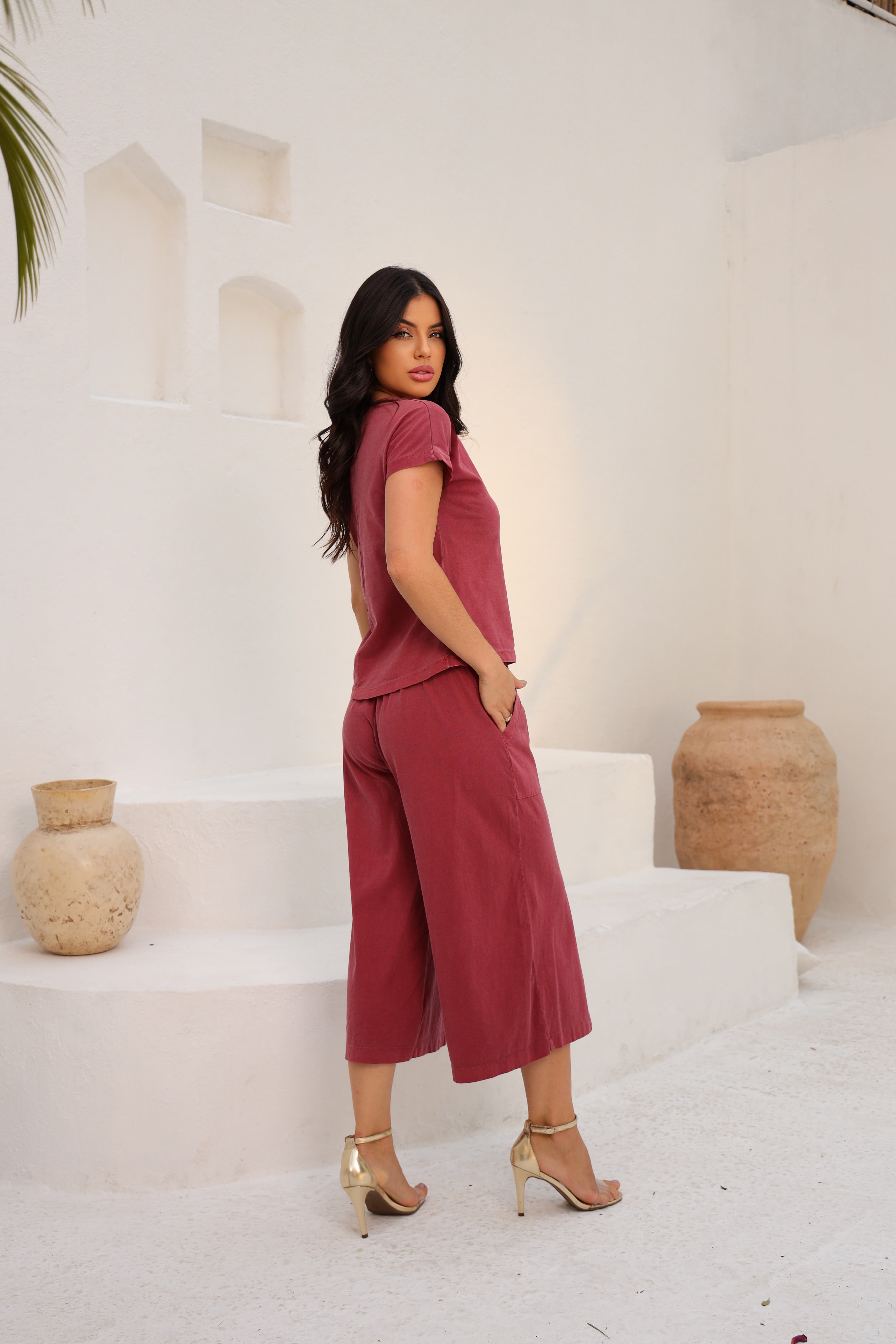 Conjunto Blusa e Pantacourt Algodão Fio Penteado com Bolsos
