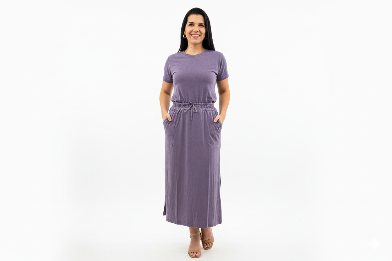 Conjunto de Saia Midi c/ Bolso Lateral e Blusinha em algodão