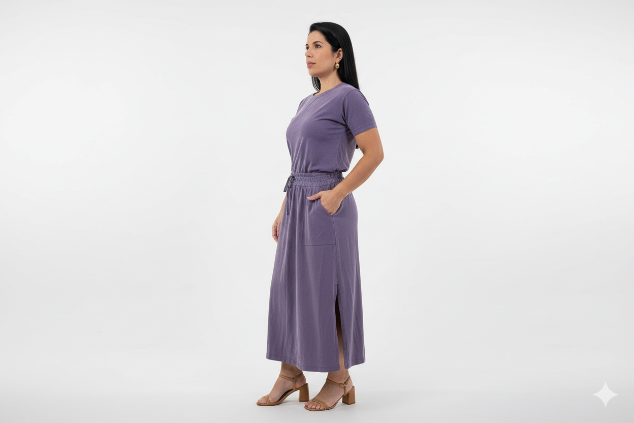 Conjunto de Saia Midi c/ Bolso Lateral e Blusinha em algodão